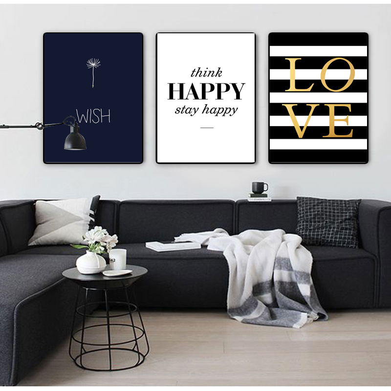 Happy Quotes Canvas Painting Black White Wall Art Posters