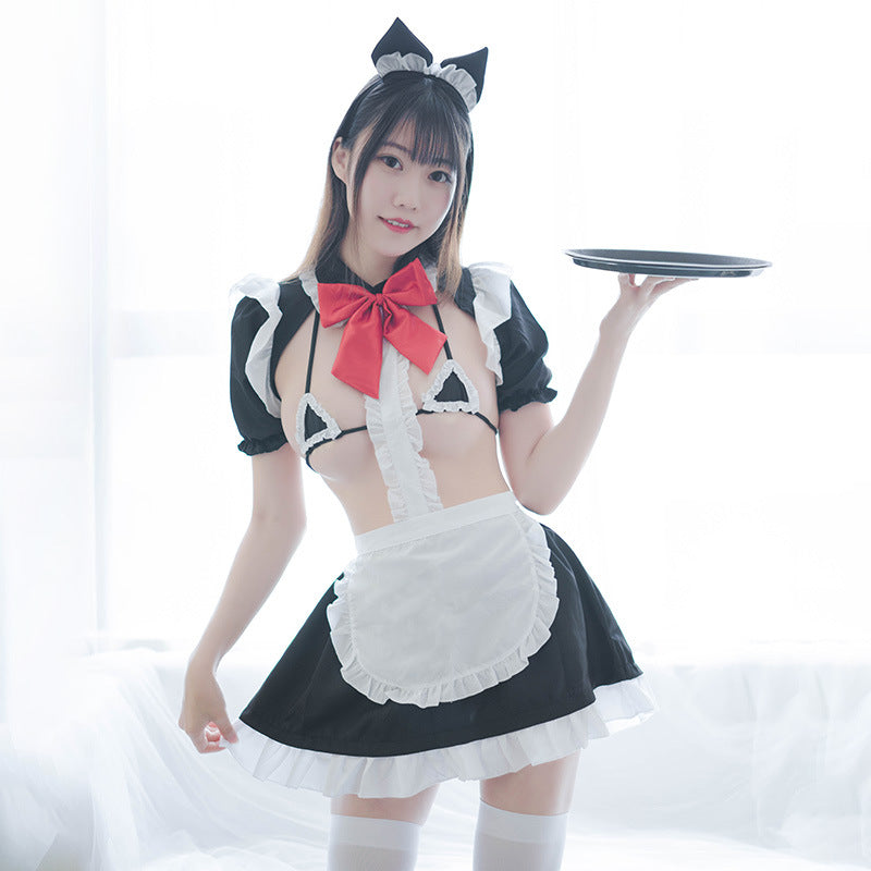 Sexy Kawaii Anime Cute Bow Neck Backless Maid Dress Cosplay Set Headba