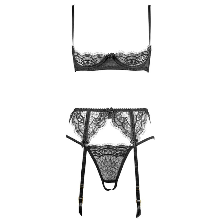 Eyelash Lace Open Front Cupless Quarter Cup Shelf Crotchless Bra Set ...