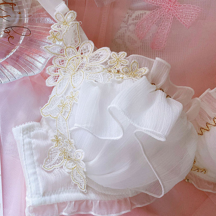 Japanese girly golden silk flower lace thin white underwire bra set ...