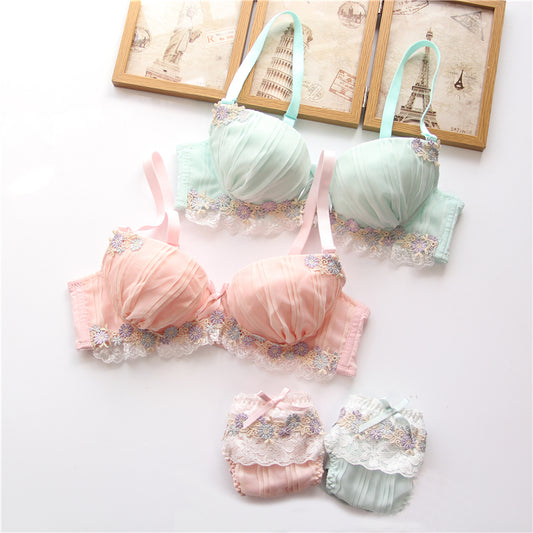 Just Love You Pink Candy Color Floral Japanese Cute Sweet Bras And Panty Set