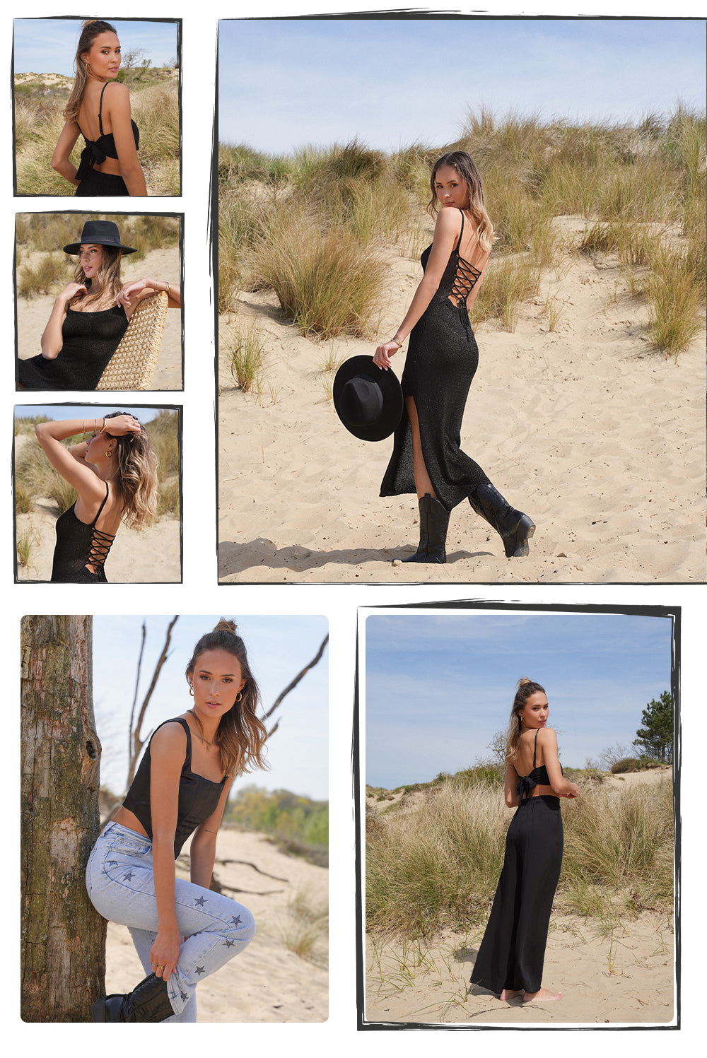 KLEDING-ZWARTE-GESTRIKTE-RUG-TOP-LANGE-BROEK-SET-ZWARTE-LUREX-GLITTER-LANGE-STRANDJURK-ZWARTE-SATIJNEN-CORSET-TOP-LICHTBLAUWE-GLITTER-STERREN-SPIJKERBROEK