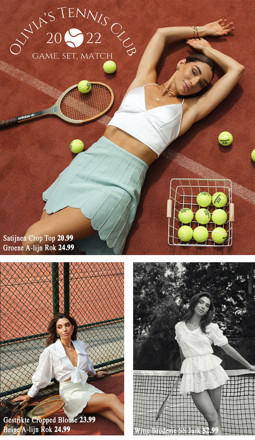 TENNIS-COURT-COLLECTIE-KLEDING-ROKJES-TOPS-NIEUW-SET