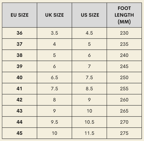 Table Tennis Hub Shoe Size Chart