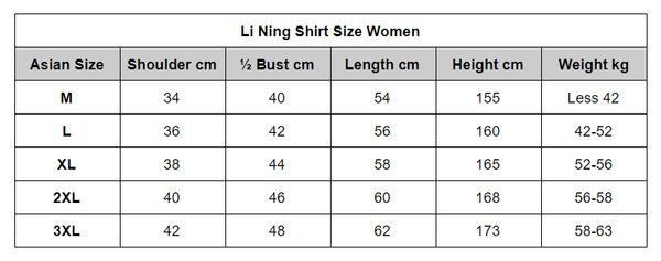 Table Tennis Hub - Li Ning Shirt Clothing Sizing Chart Women