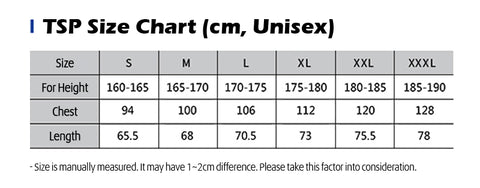 TSP Table Tennis Shirt Size Chart