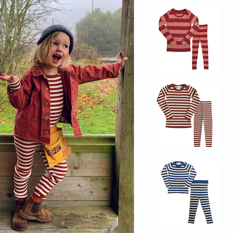 Autumn Winter Girls & Boys Underwear Pajamas Set | Striped Loungewear | Long Sleeve Sweater & Tight-Fitting Kids Knitted Underwear