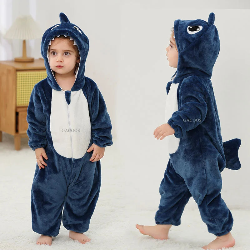 Baby Rompers Winter Halloween Shark Costume | Hooded Jumpsuit for Kids | Dinosaur, Rabbit, Cat, and More