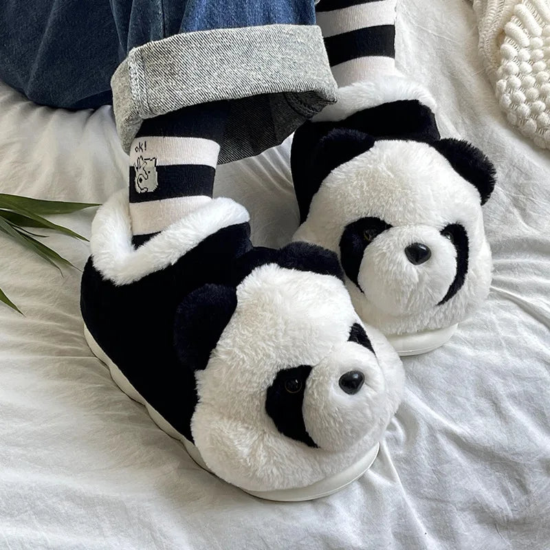 New Women’s Indoor Fluffy Slippers | Cute Cartoon Panda Winter Warm Shoes for Couples | Soft Plush Lightweight Home Slippers for Women & Men