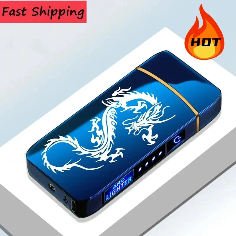 Metal Windproof Flameless Pulse USB Charging Double Arc Lighter | LED Light Display Screen | Touch Ignition Cigar Lighter | Men's Gift