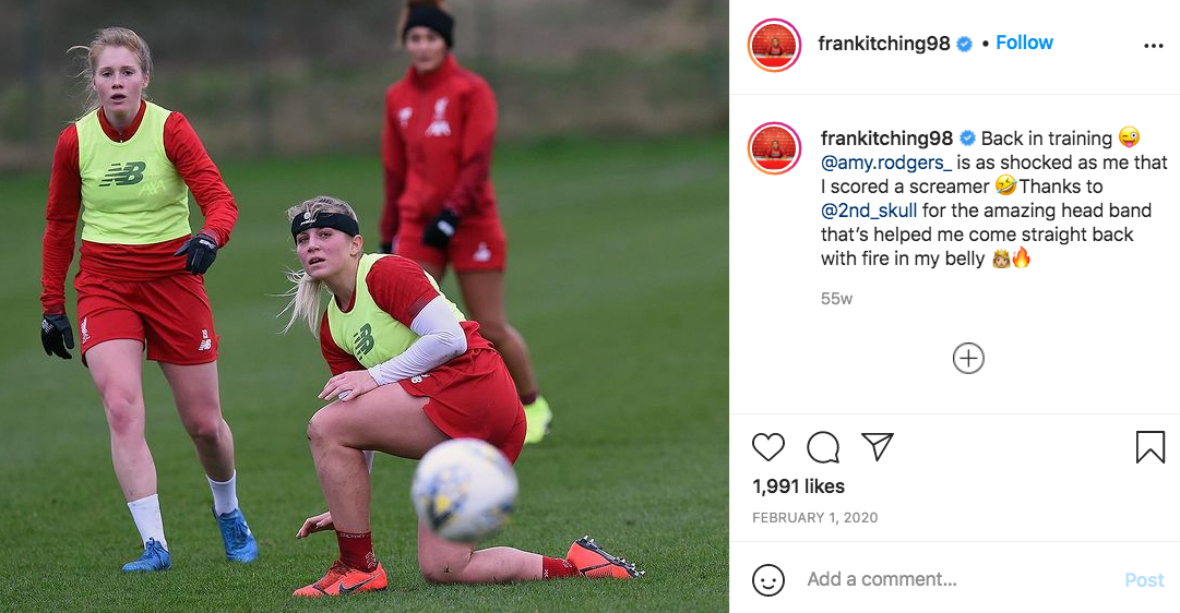 Instagram screenshot of Fran Kitching after her return post-head injury