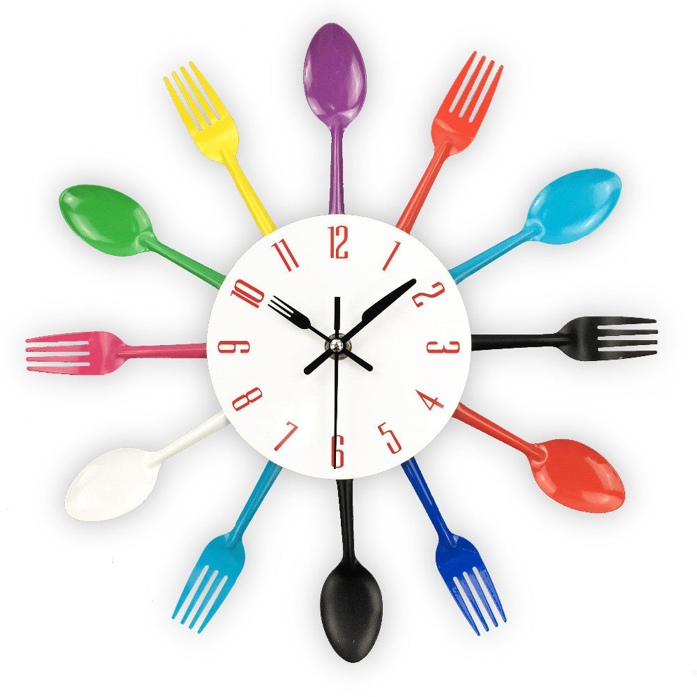 Brushed Stainless Steel Fork Knife Spoon Kitchen Wall Art cutlery design wall clock metal colorful knife fork spoon kitchen clocks creative modern home decor antique style wall watch