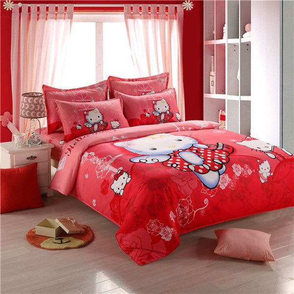 Hello Kitty Bedding Set Kids Cartoon Red Black White Stripes