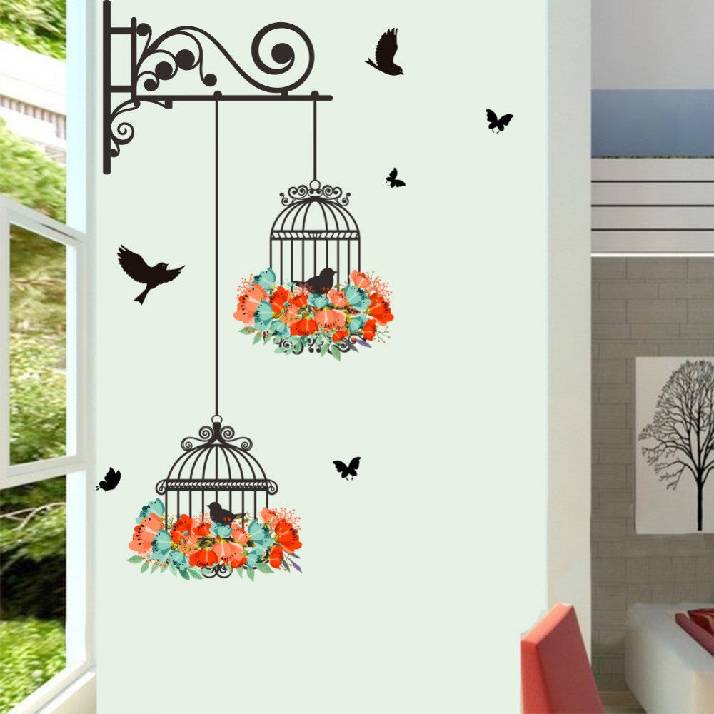 Creative Bird Cage Flower Butterfly Wall Stickers Home Decor Kids