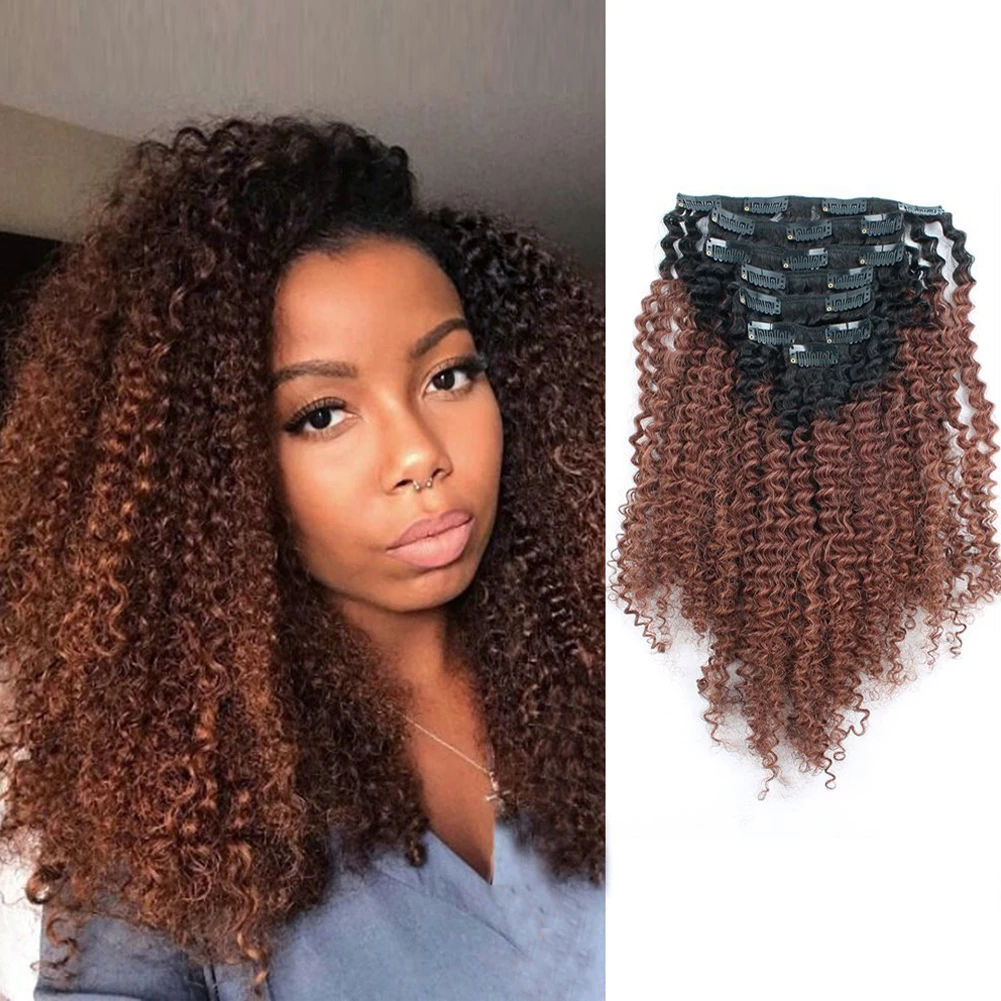 Clip In Hair Extension Afro Kinky Curly Ombre Natural Black To Dark Auburn