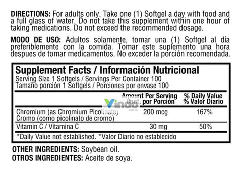 tabla nutricional Chromiun picolinate 200 mg x 100 softgel healthy america