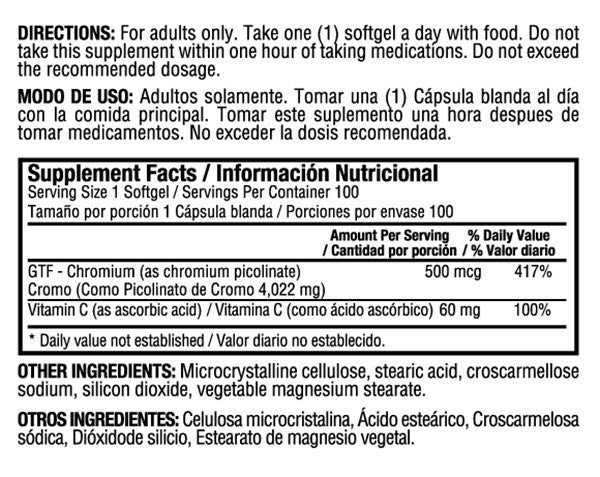 Tabla nutricional GTF cromo picolinato Healthy America