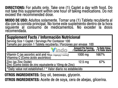 tabla nutricional vitamina c 1000mg con zinc healthy america