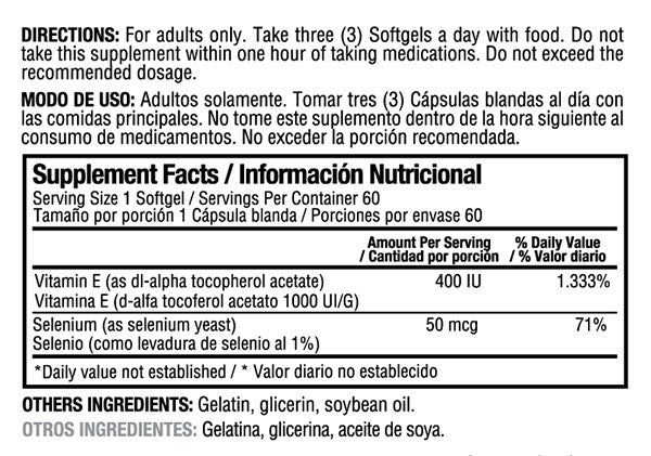 Vitamina E con selenio tabla nutricional Healthy America