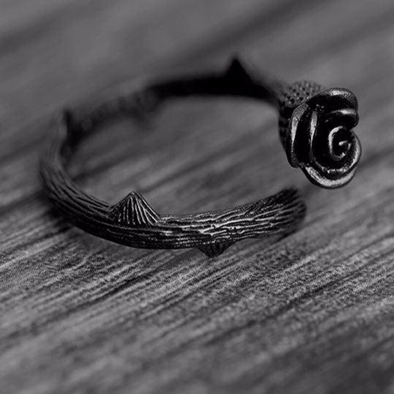 Black 925 Silver Rose Shaped Flower Adjustable Ring