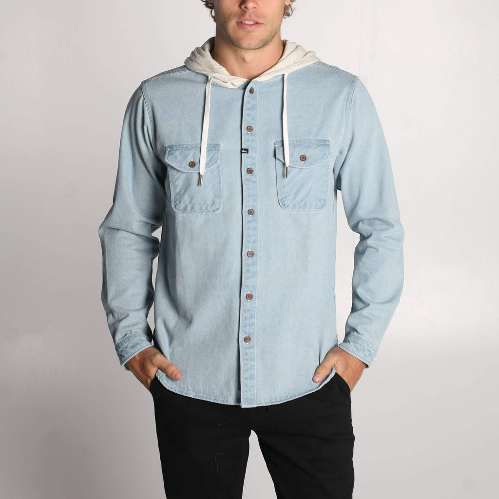 hooded denim shirt