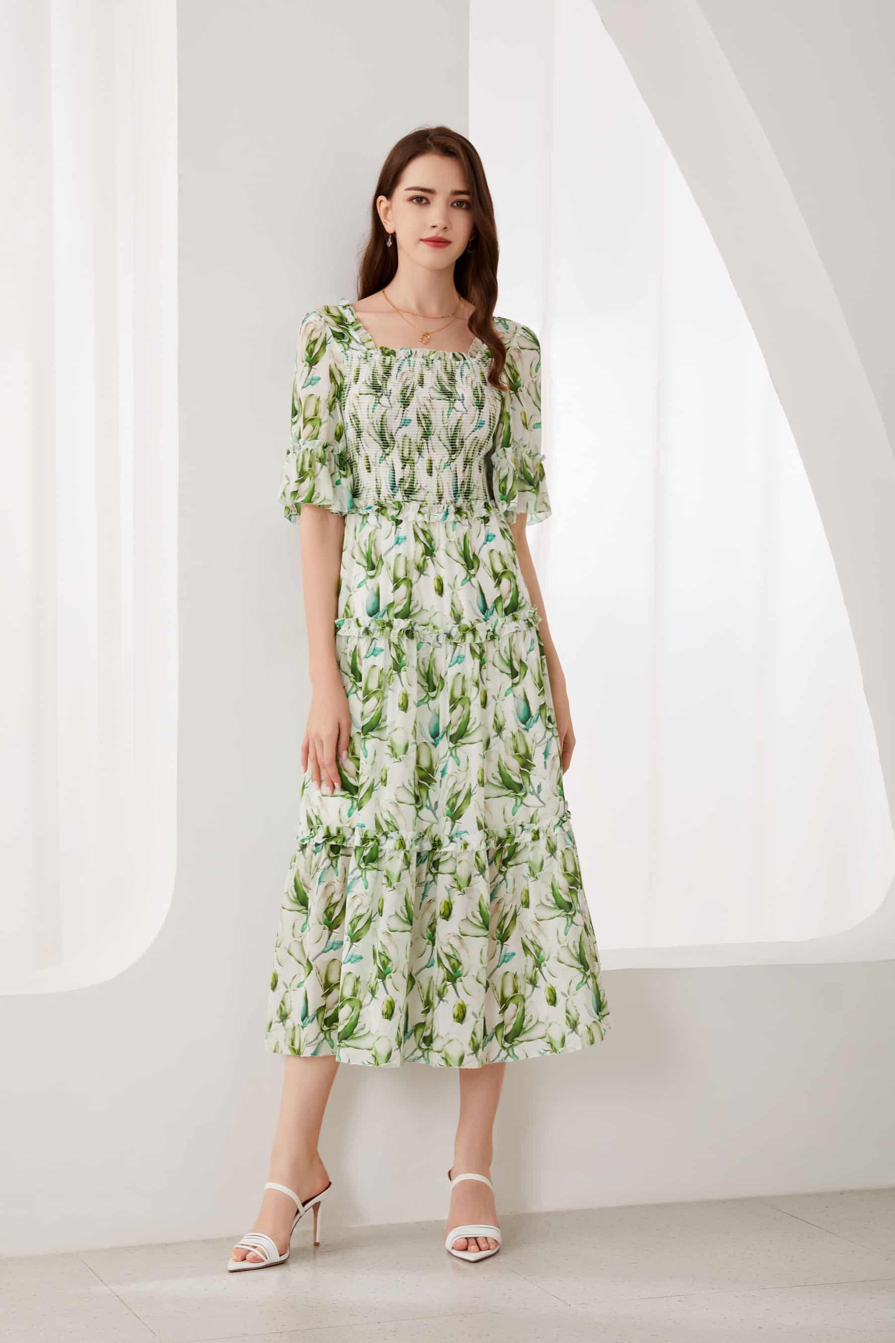 GDS Risette Silk  Long Dress | Green Print