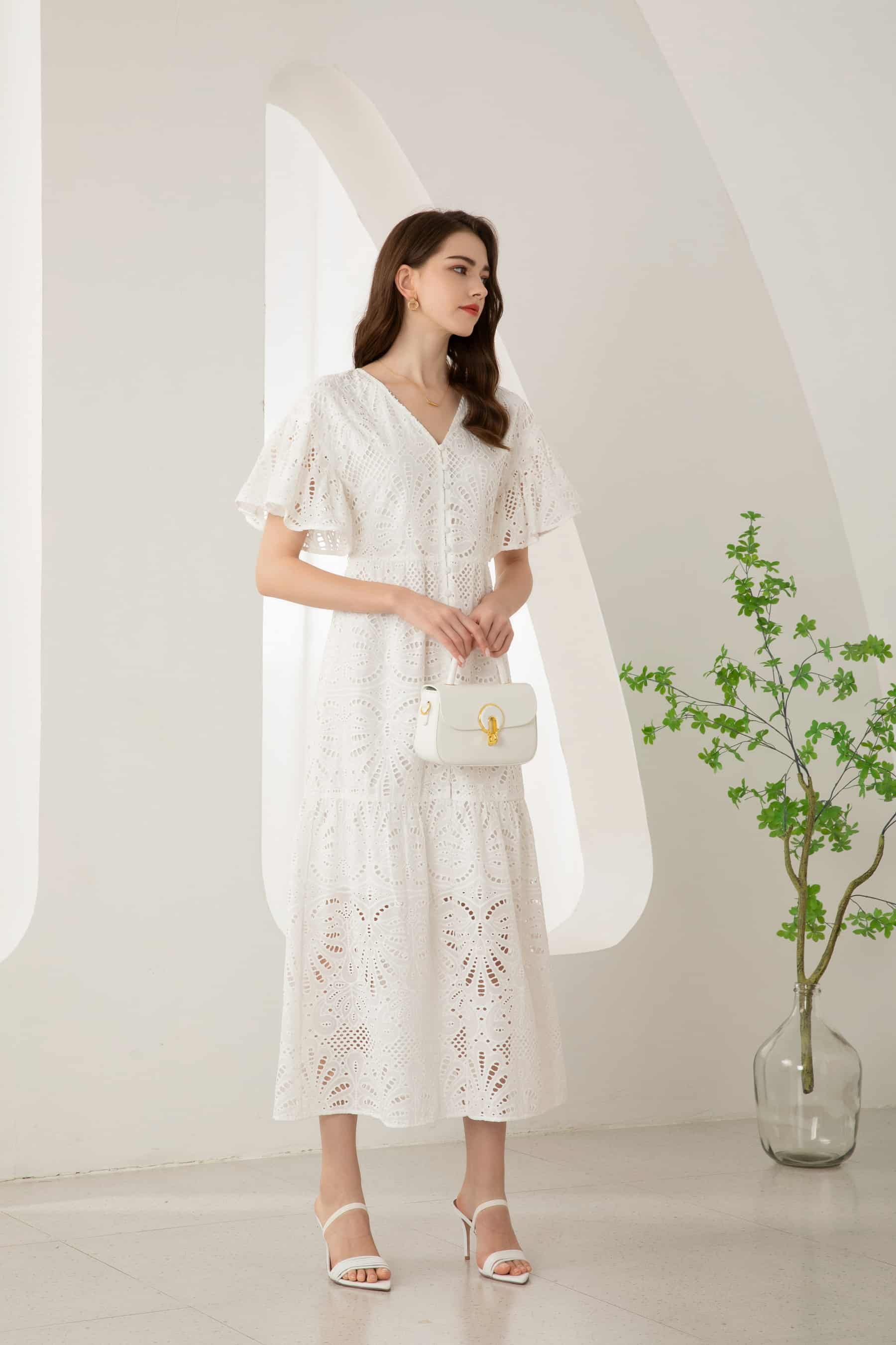 GDS Margot Embroidered Long Dress | White