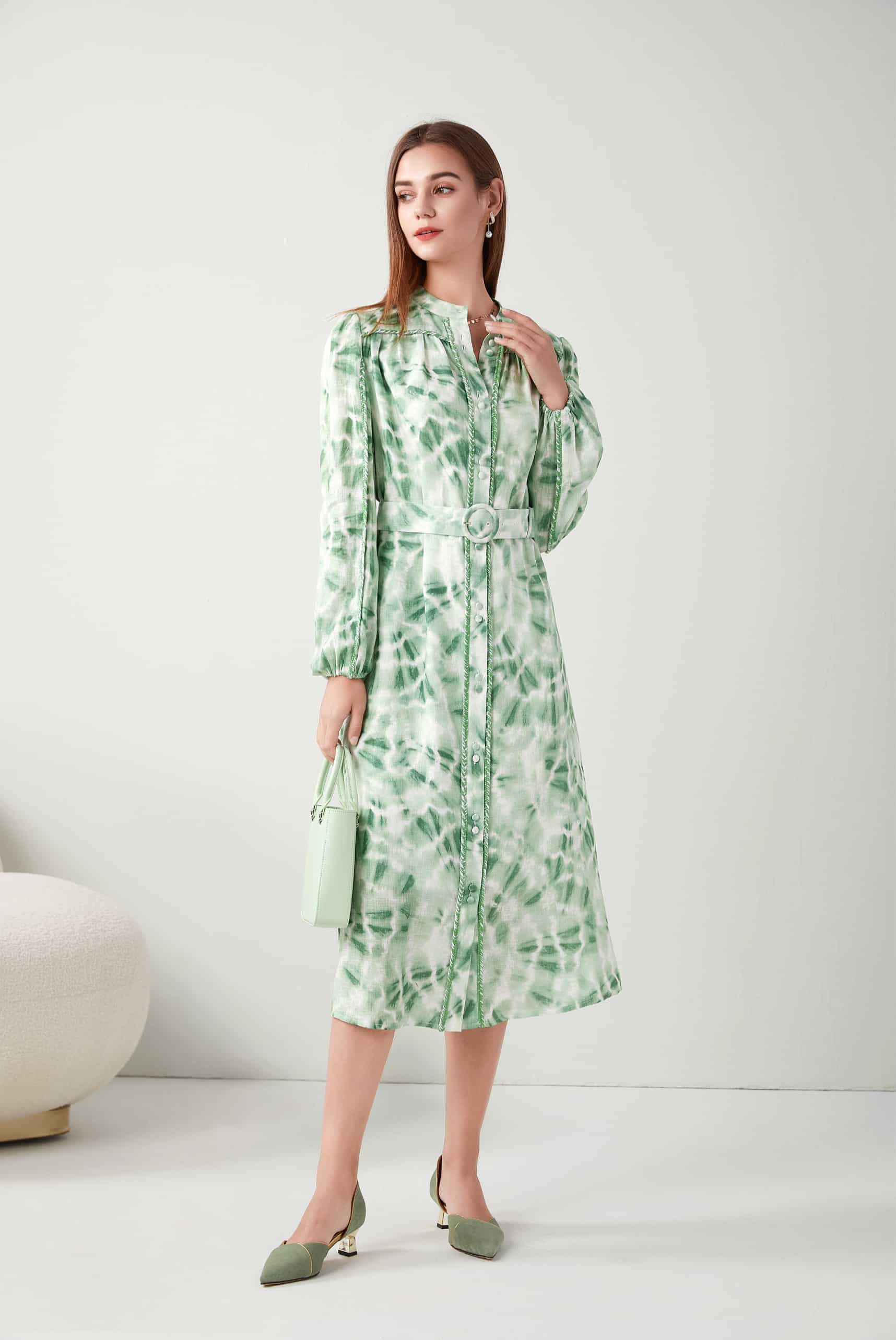 GDS Lorena Belted Linen Long Dress | Green