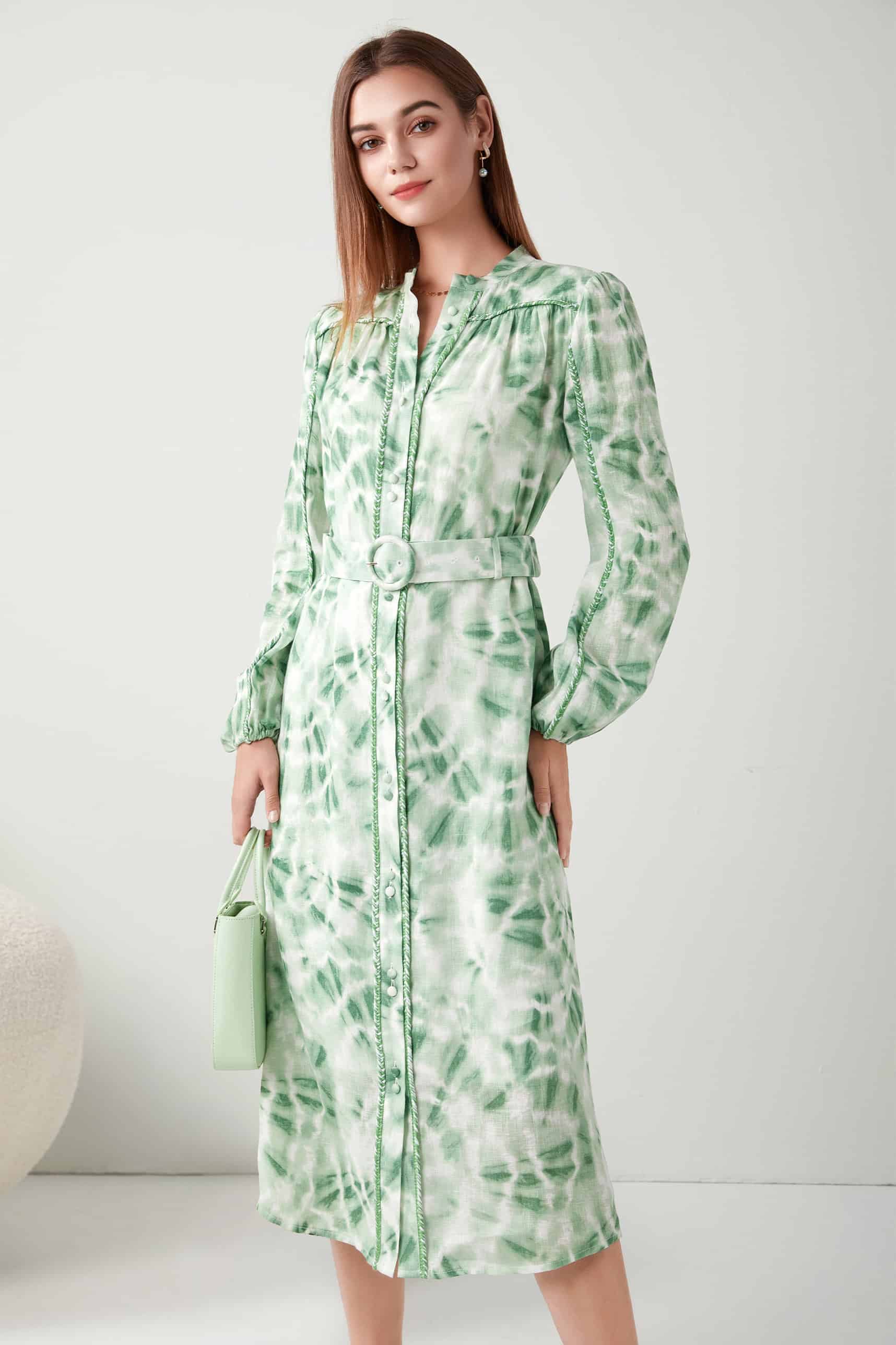 GDS Lorena Belted Linen Long Dress | Green