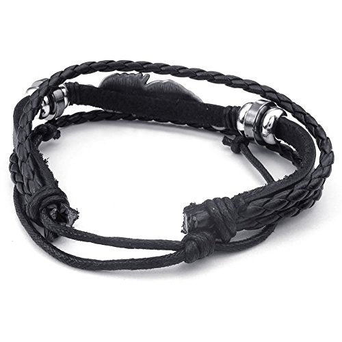 Men Women Leather Bracelet, 7-9 inch Adjustable Feather Bangle, Black ...