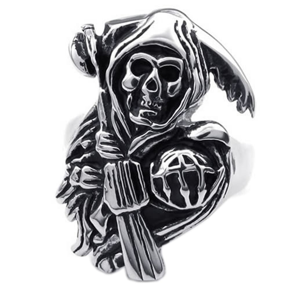 Stainless Steel Band Casted Grim Reaper Skull Biker Men Ring ...