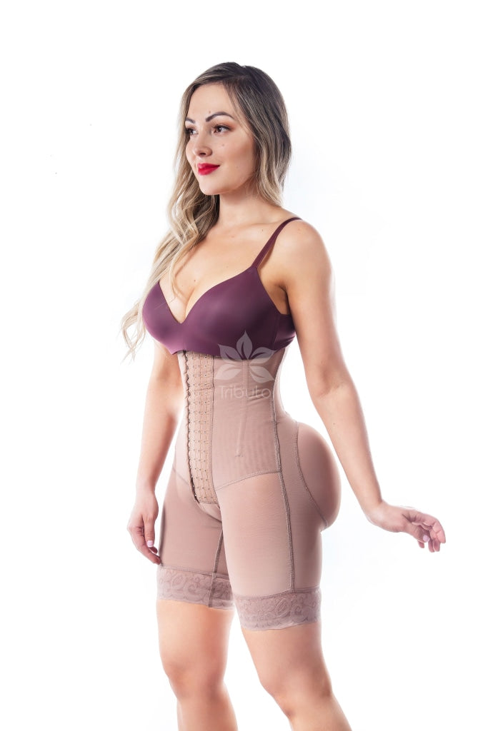 Model is wearing a strapless faja custom size xs waist/ 3xl hips