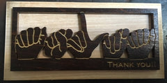 Wooden Magnet with dark wood layer of handshape "ASLTA" along with Engraved "Thank You!" at bottom