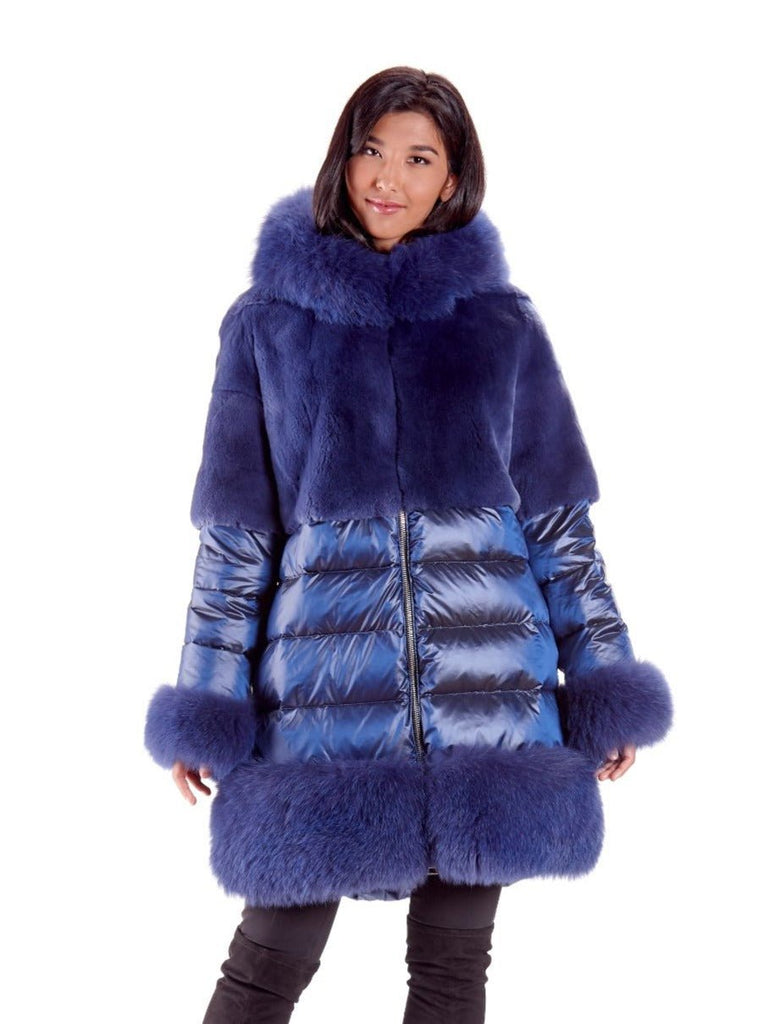 Woman's Azure and Rose Mink Fur Bomber Jacket with Fox Trim Hood