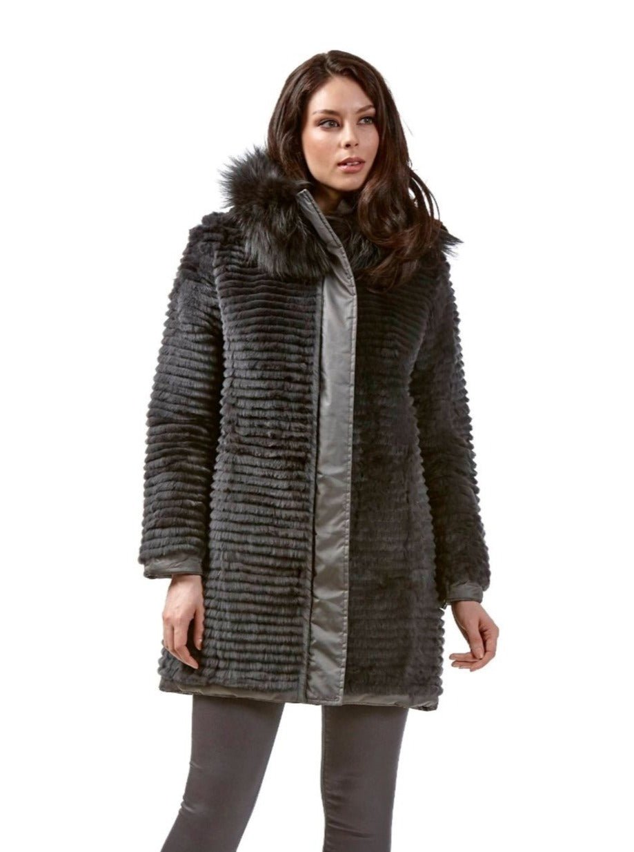 Dark Gray Rex Rabbit Fur Long Women's Coat. Rex Rabbit 