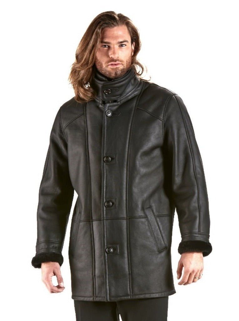 Men's Black Shearling Fur Leather Trench Coat with Hood