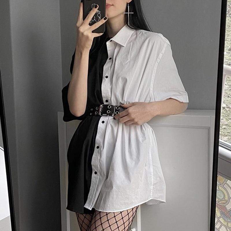 Half Black Half White Blouse Dress Black And White Short Loose Dress Kinky Cloth