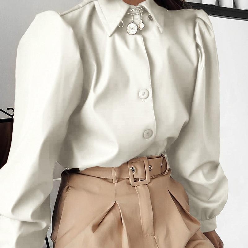 Kinky Cloth 200000346 White / S Long Puff Sleeve PU Leather Blouse