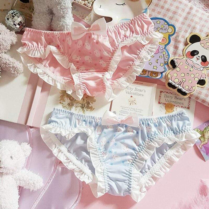 Rabbit Printed Ruffle Panties Kawaii Bow Briefs Low Waist Underpants Kinky Cloth