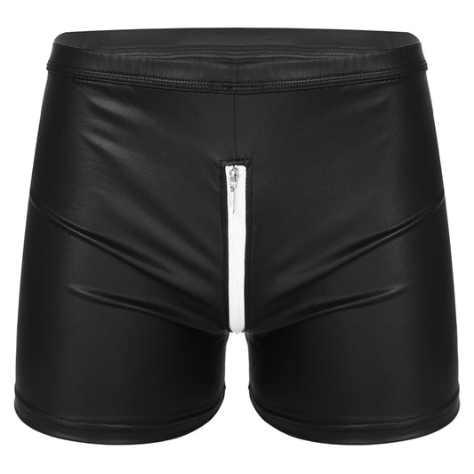 Wetlook Open Crotch Zipper Tight Shorts, Wetlook Leather Fit