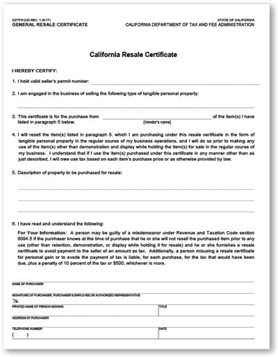 California Resale Certificate Form PDF