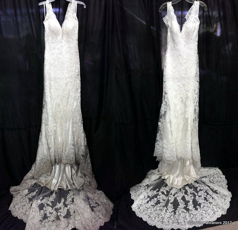 Sunshine Cleaners before and after picture of soiled wedding gown hem