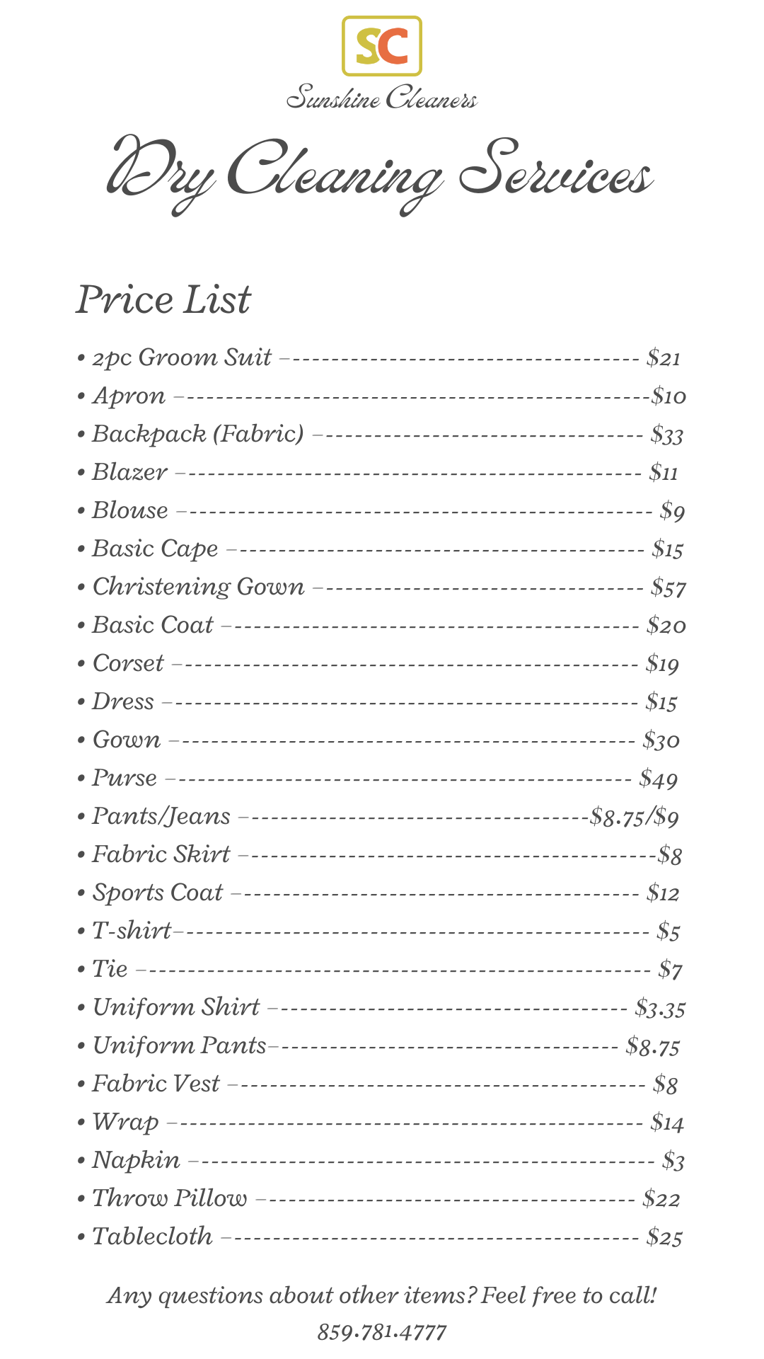 Price List | Your Local Dry Cleaners