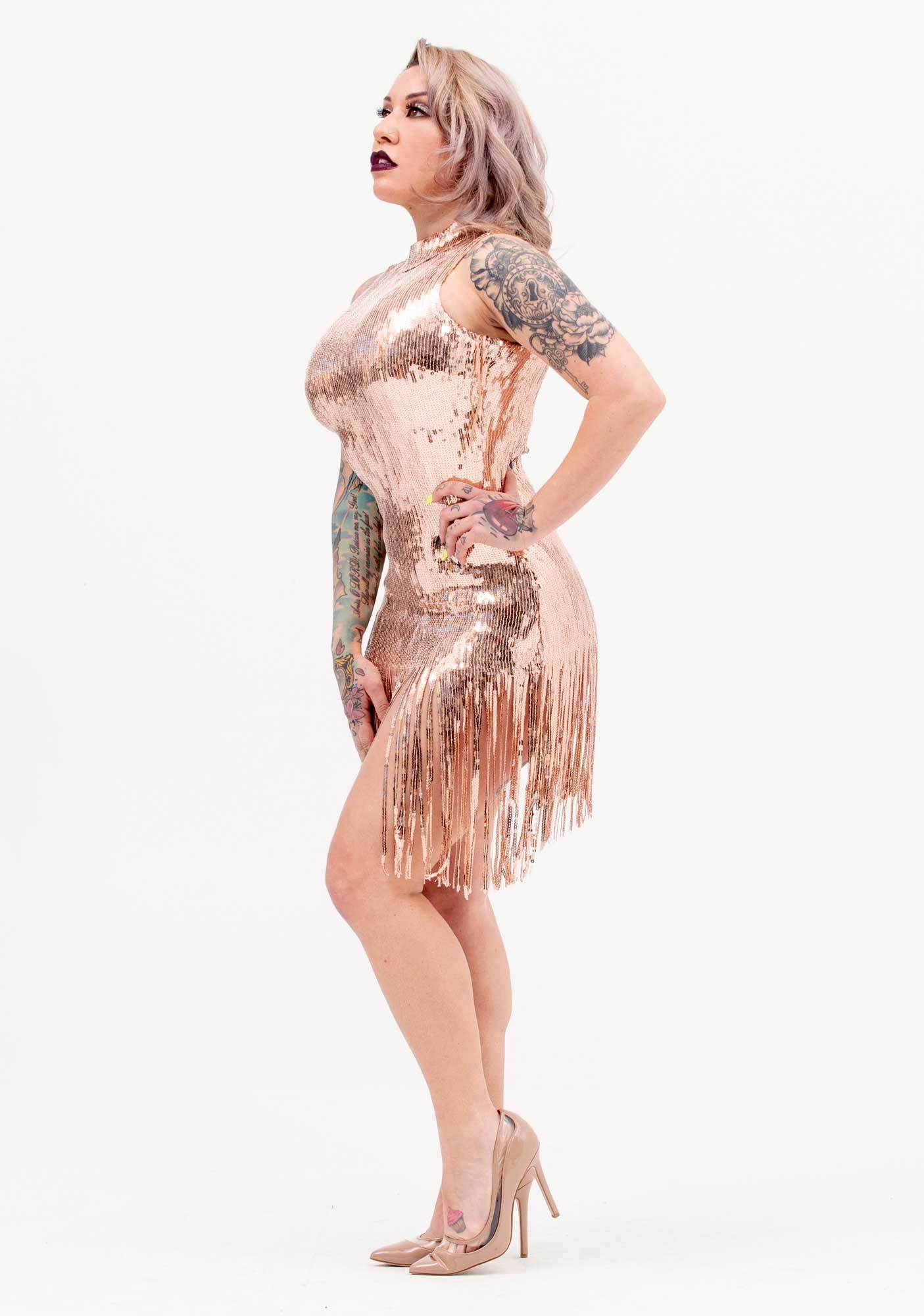 rose gold fringe dress