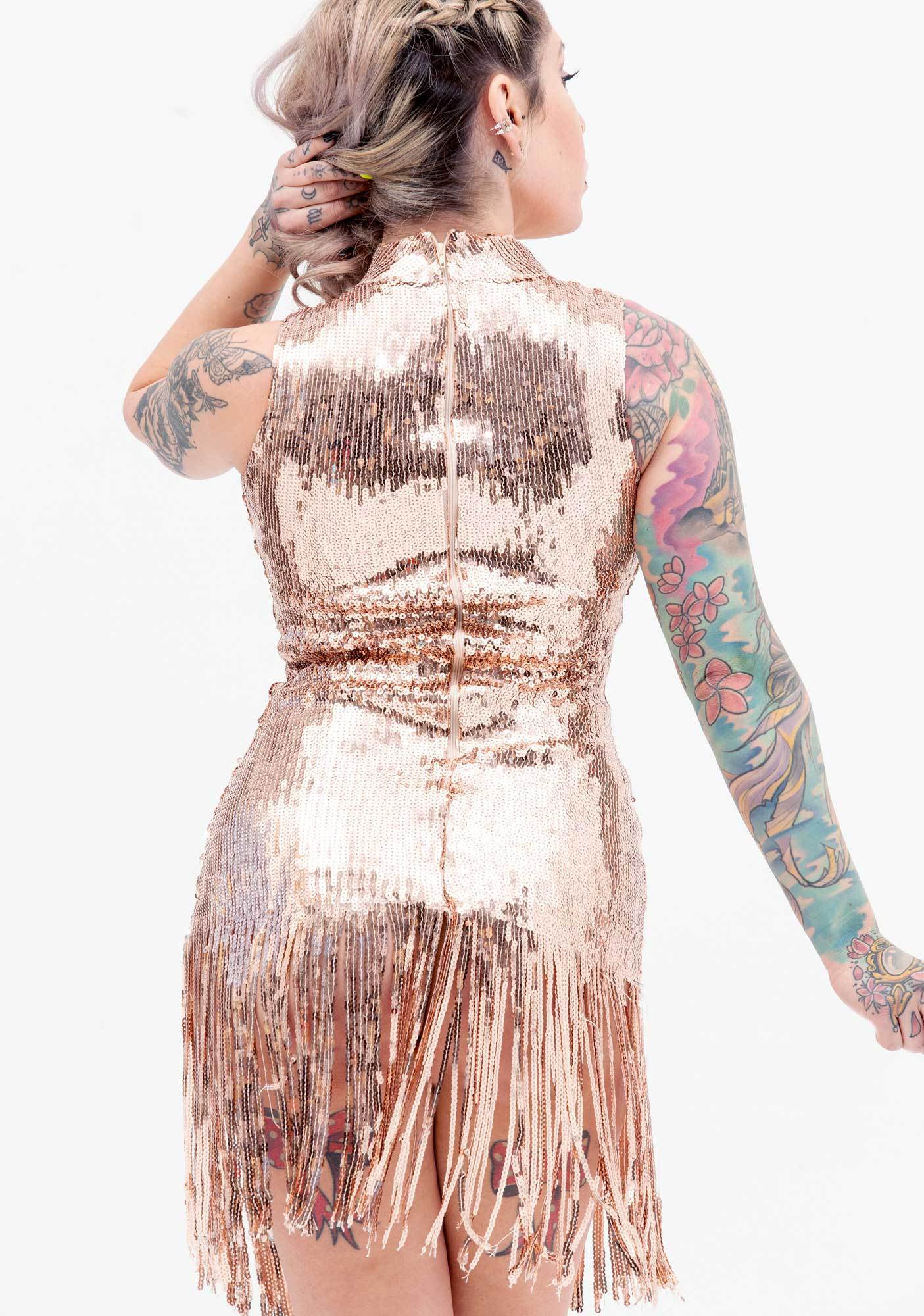 gold sequin fringe dress