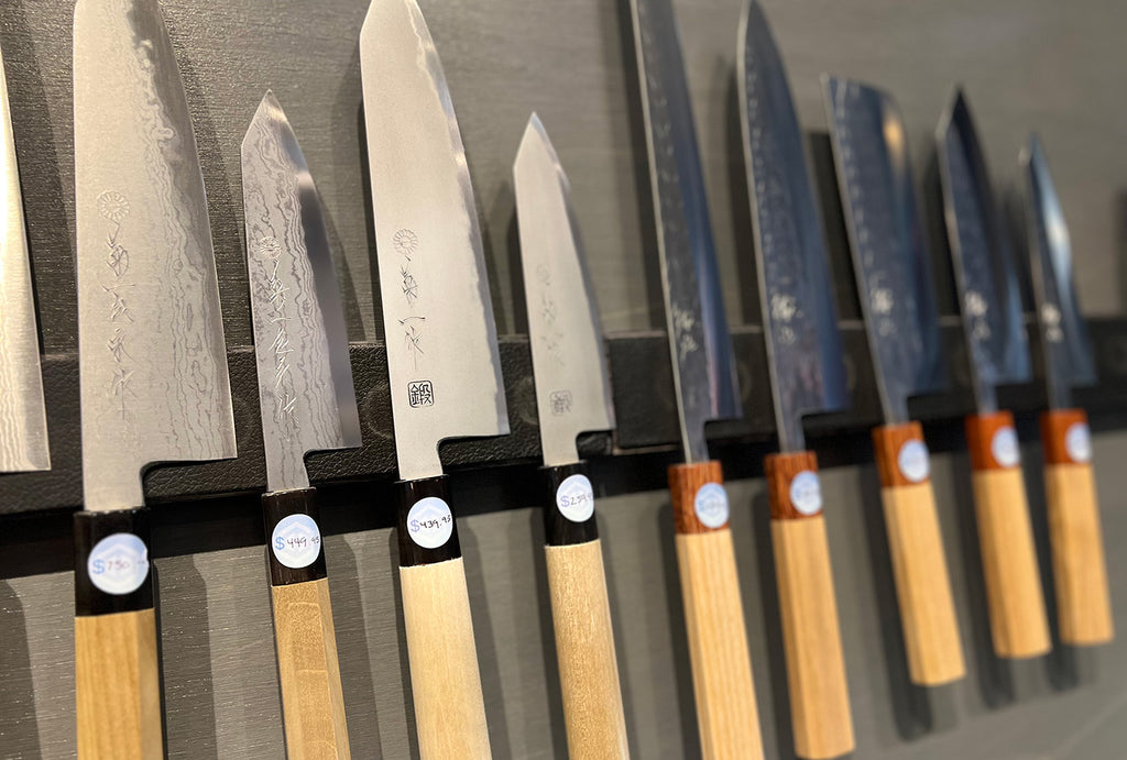 Japanese Knives in a display case at Element Knife Company