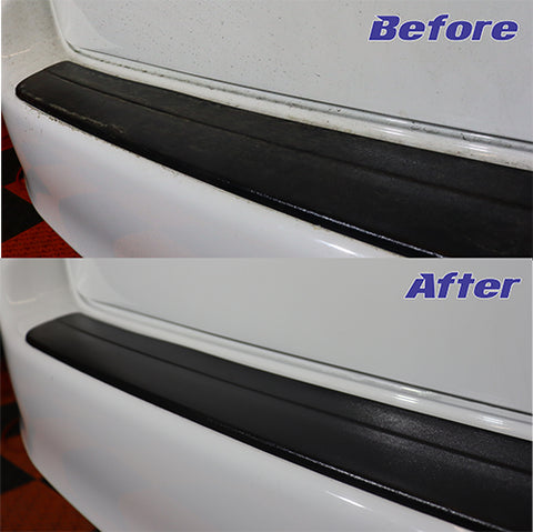 Before and after shot of speedcoat being used to remove dirt on a bumper