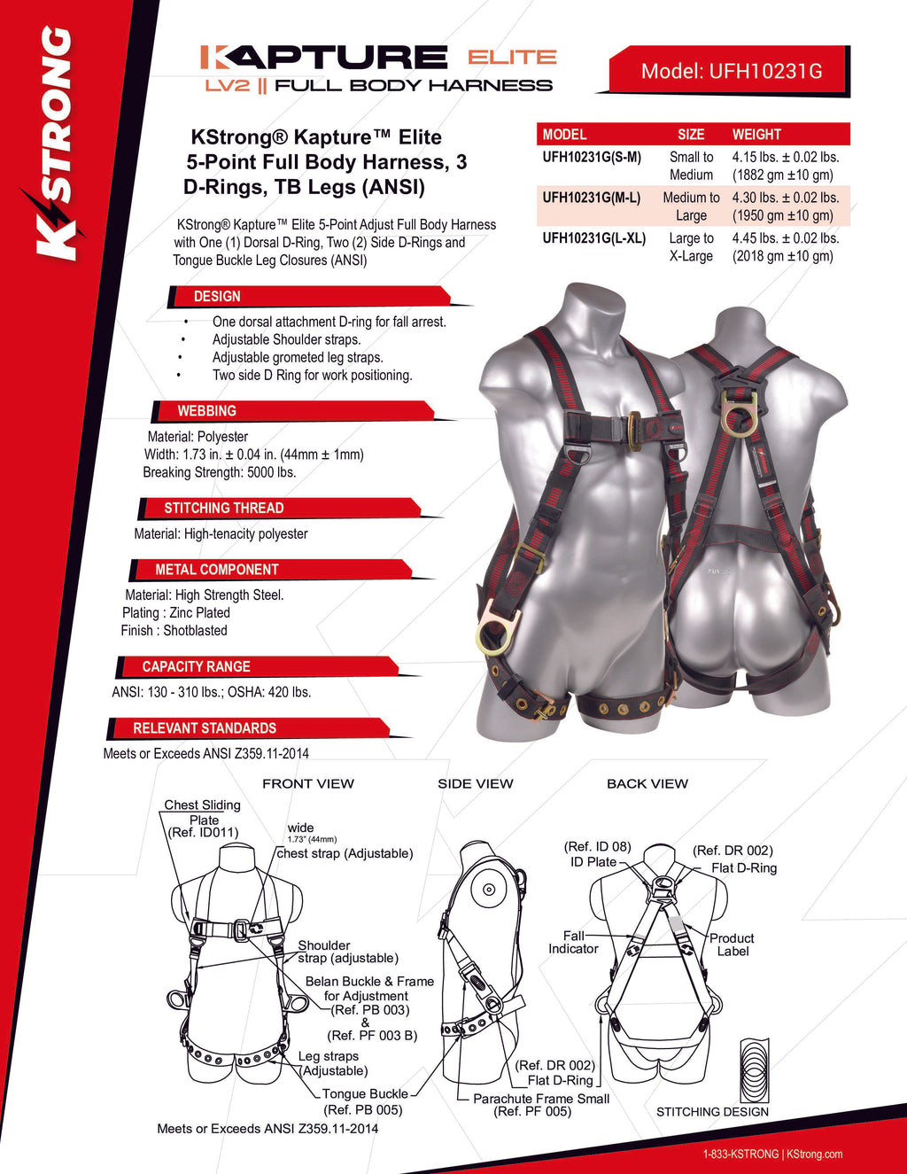 KStrong® Kapture™ Elite 5-Point Full Body Harness, 3 D-Rings, TB Legs