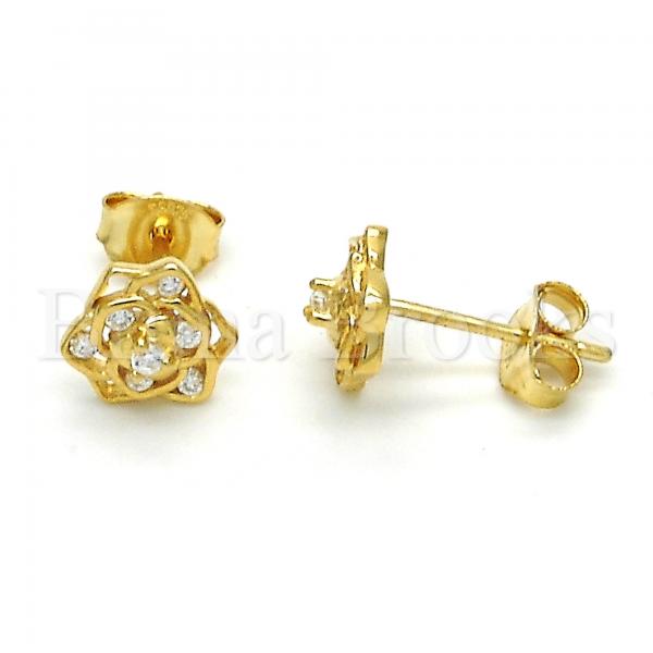 Sterling Silver 02.285.0056 Stud Earring, Flower Design, with White Cubic Zirconia, Polished Finish, Golden Tone