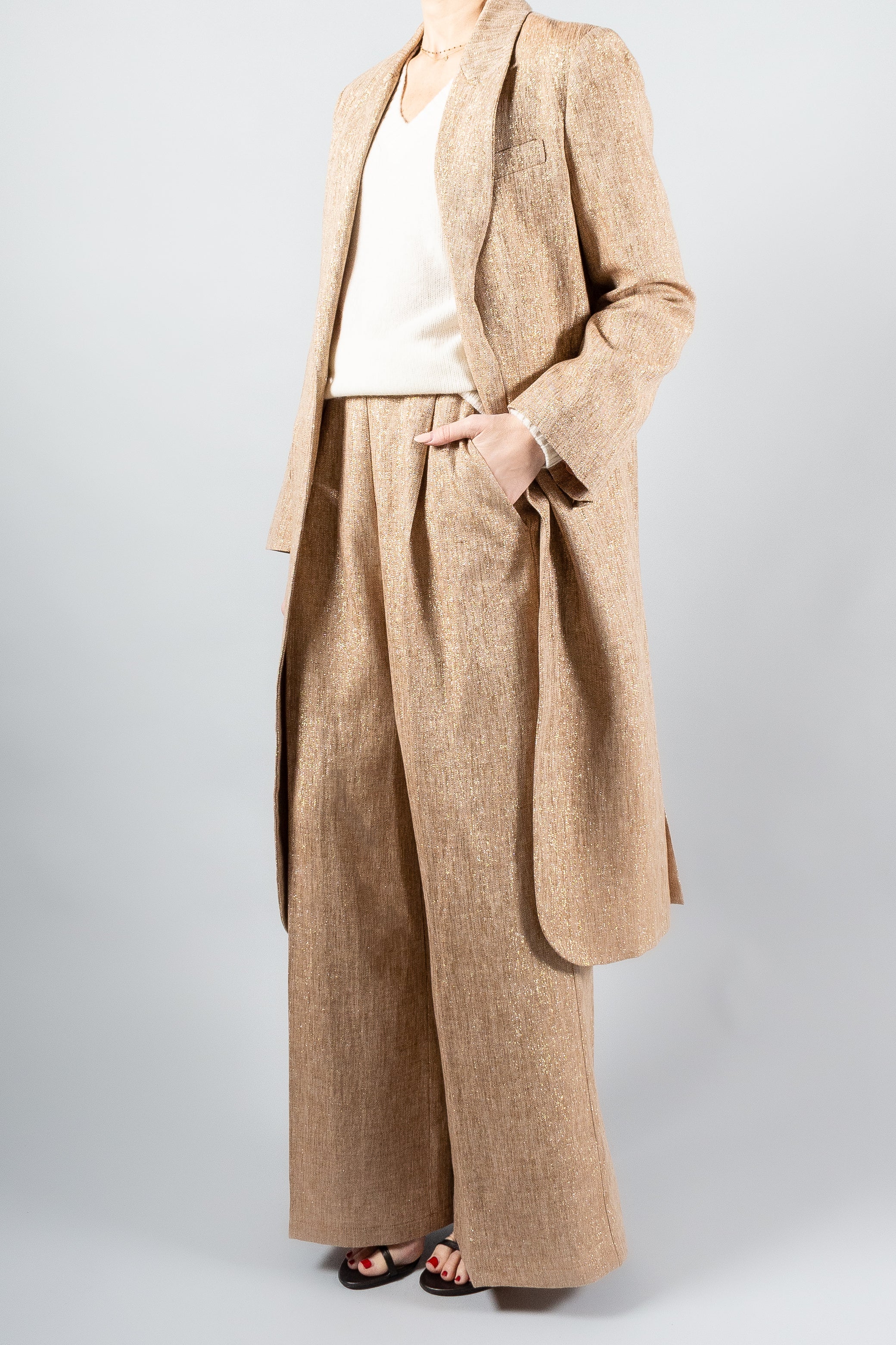 Forte Forte Linen Lurex Micro Herringbone Wide Leg Pants - Honey